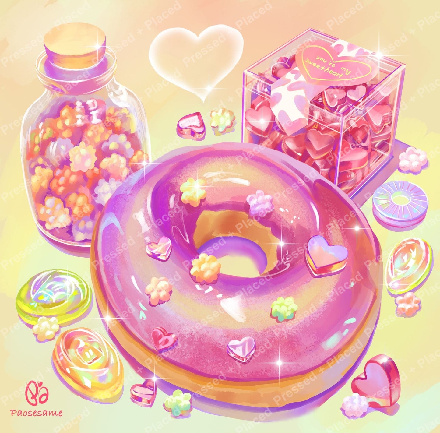 Pastel candy-themed diamond art with hearts, donut, and sweet jar decor