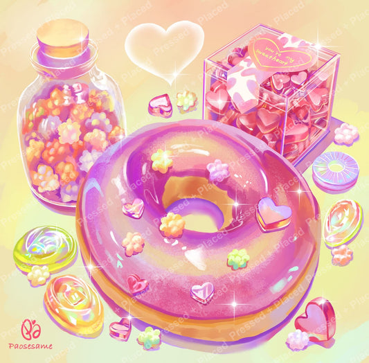 Pastel candy-themed diamond art with hearts, donut, and sweet jar decor