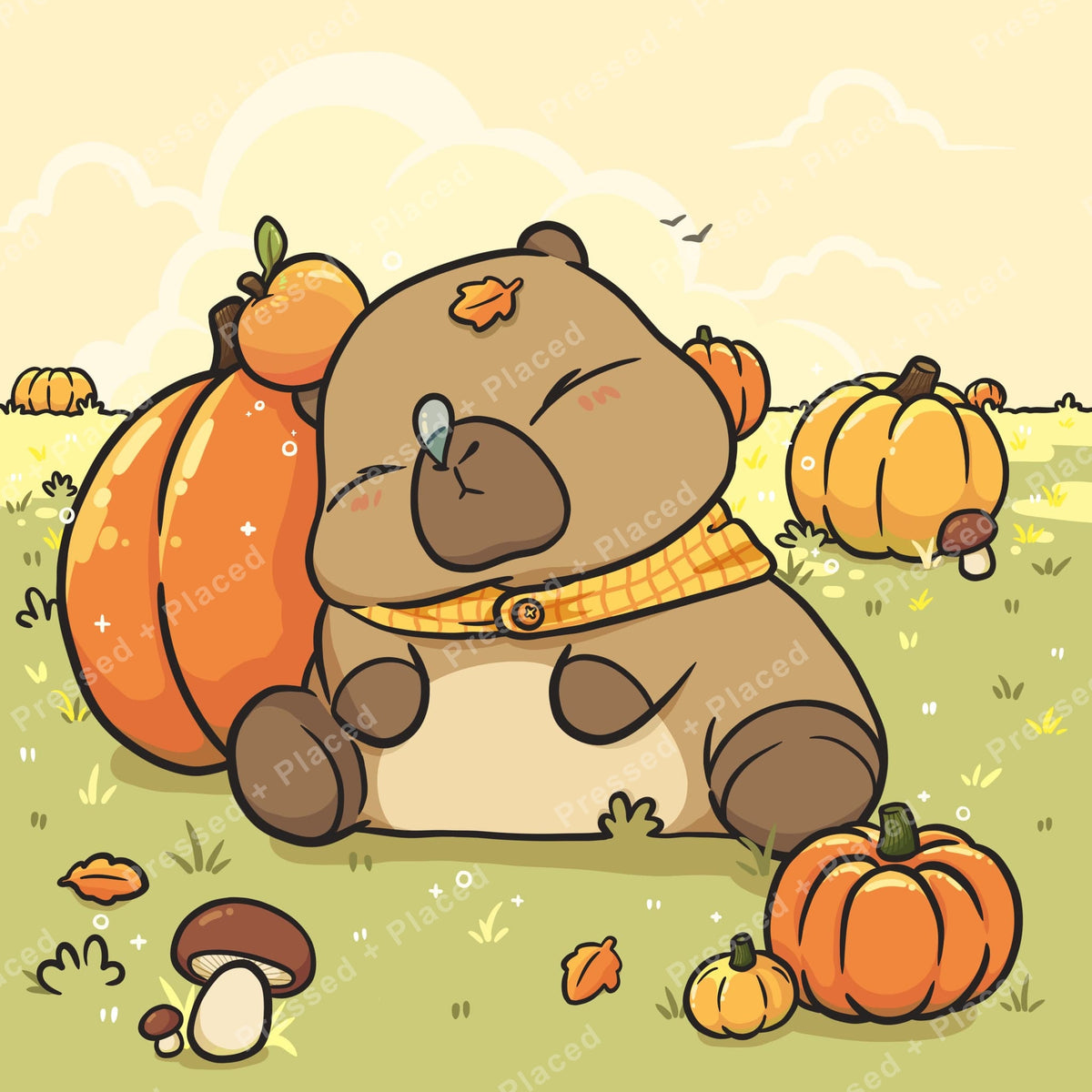 Cute sleeping bear with pumpkins in a cozy autumn meadow scene