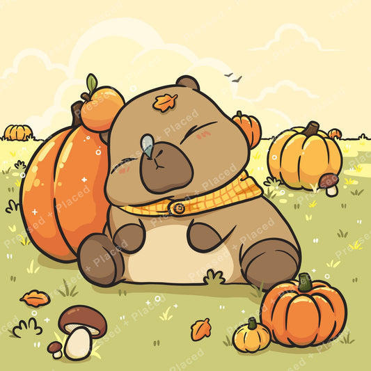 Cute sleeping bear with pumpkins in a cozy autumn meadow scene