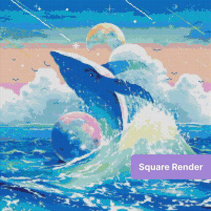 Fantasy whale emerging from sparkling ocean waves under a pastel moonlit sky