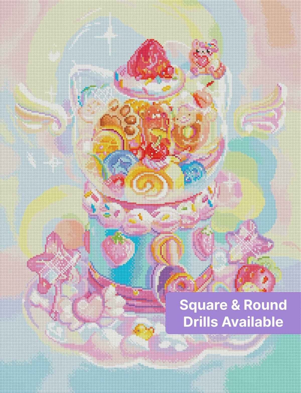 Pastel kawaii candy dessert scene with rainbow accents and cute cartoon details