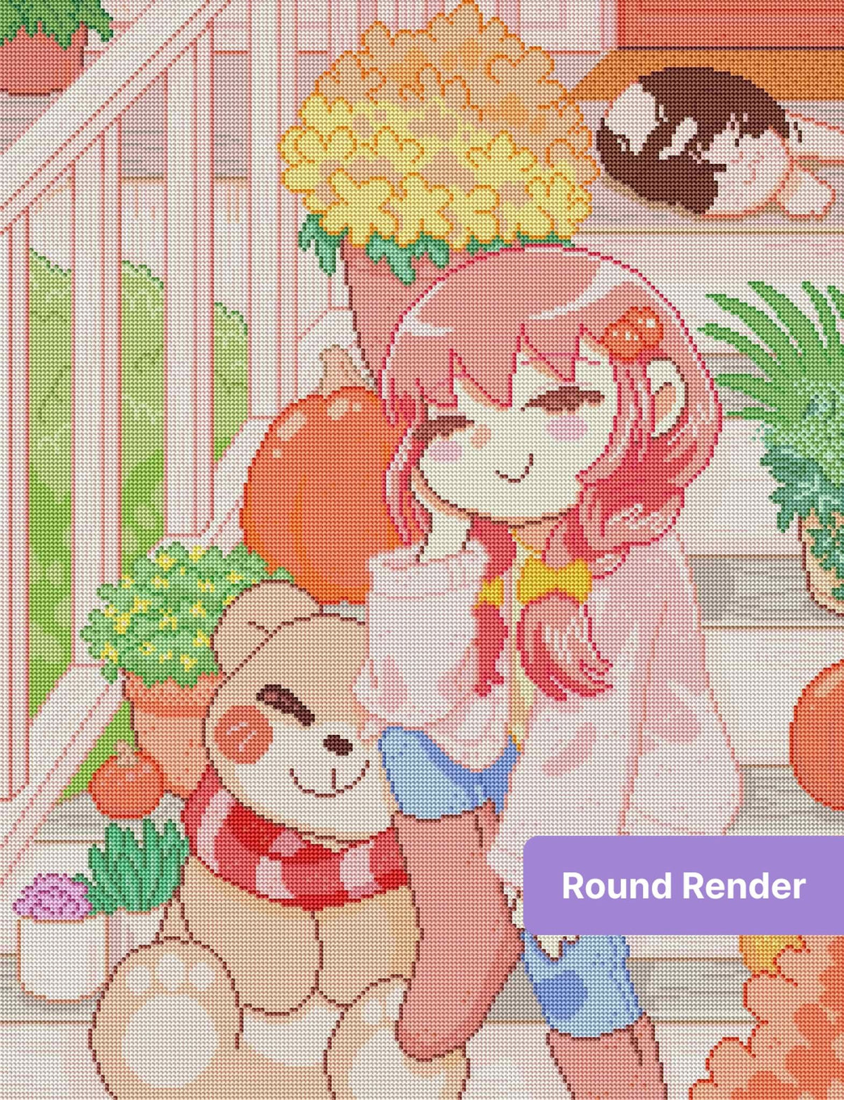 Chibi girl and teddy bear on a cozy autumn porch with pumpkins and flowers