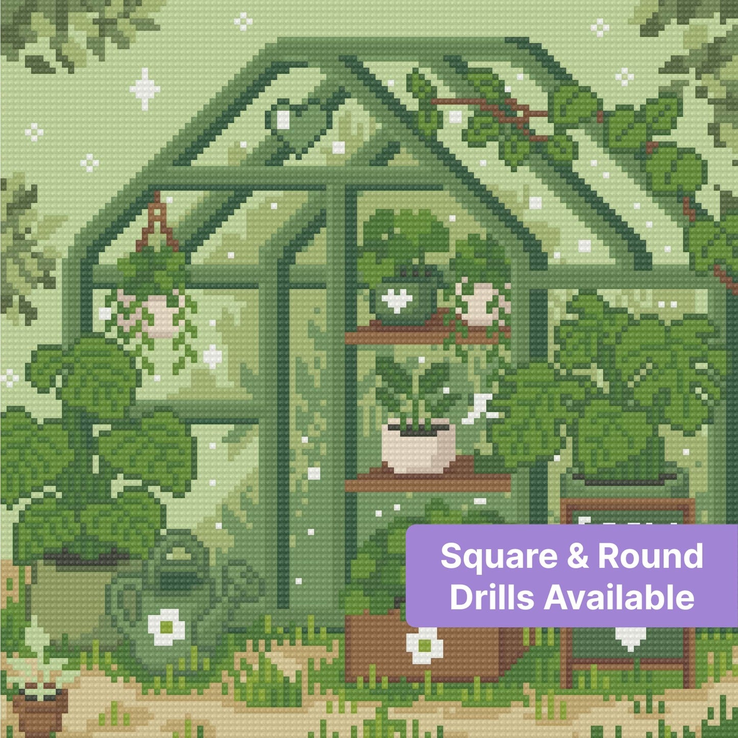 Pixel-style greenhouse garden with potted plants, hanging vines, and soft green tones