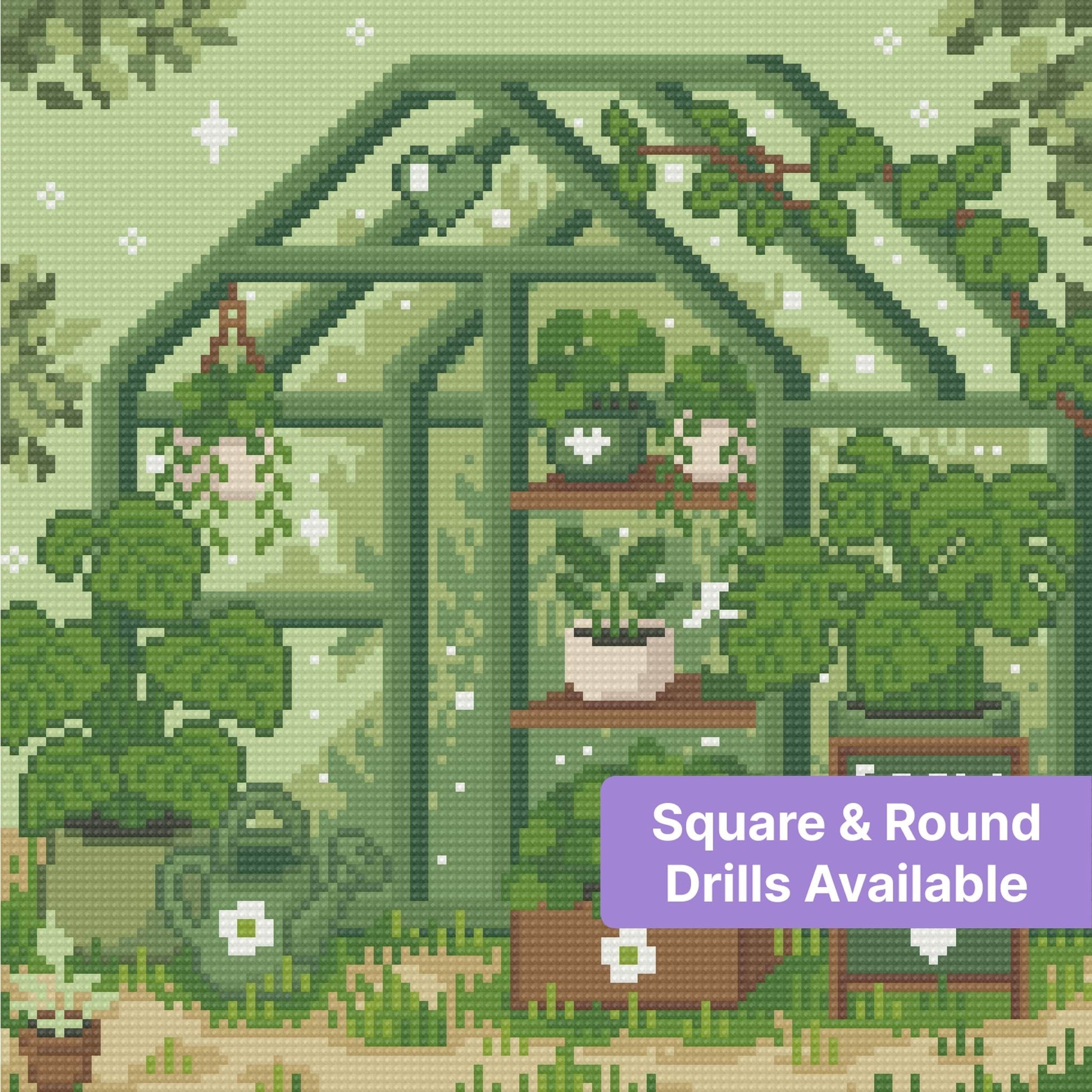 Pixel-style greenhouse garden with potted plants, hanging vines, and soft green tones