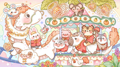 Cute kawaii animal carousel with pastel fantasy characters and heart details