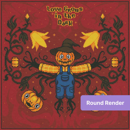 Pixel art scarecrow with pumpkins, candles, and dark vines on a red Halloween background