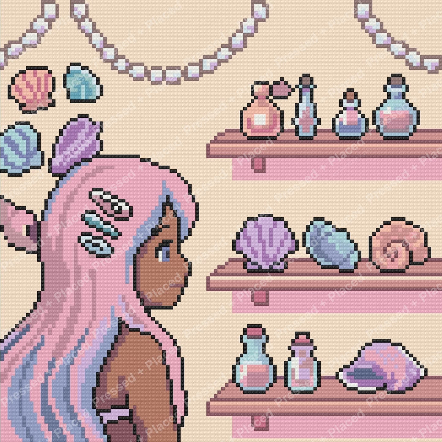 Pastel mermaid girl with seashells and bottles in a whimsical fantasy style