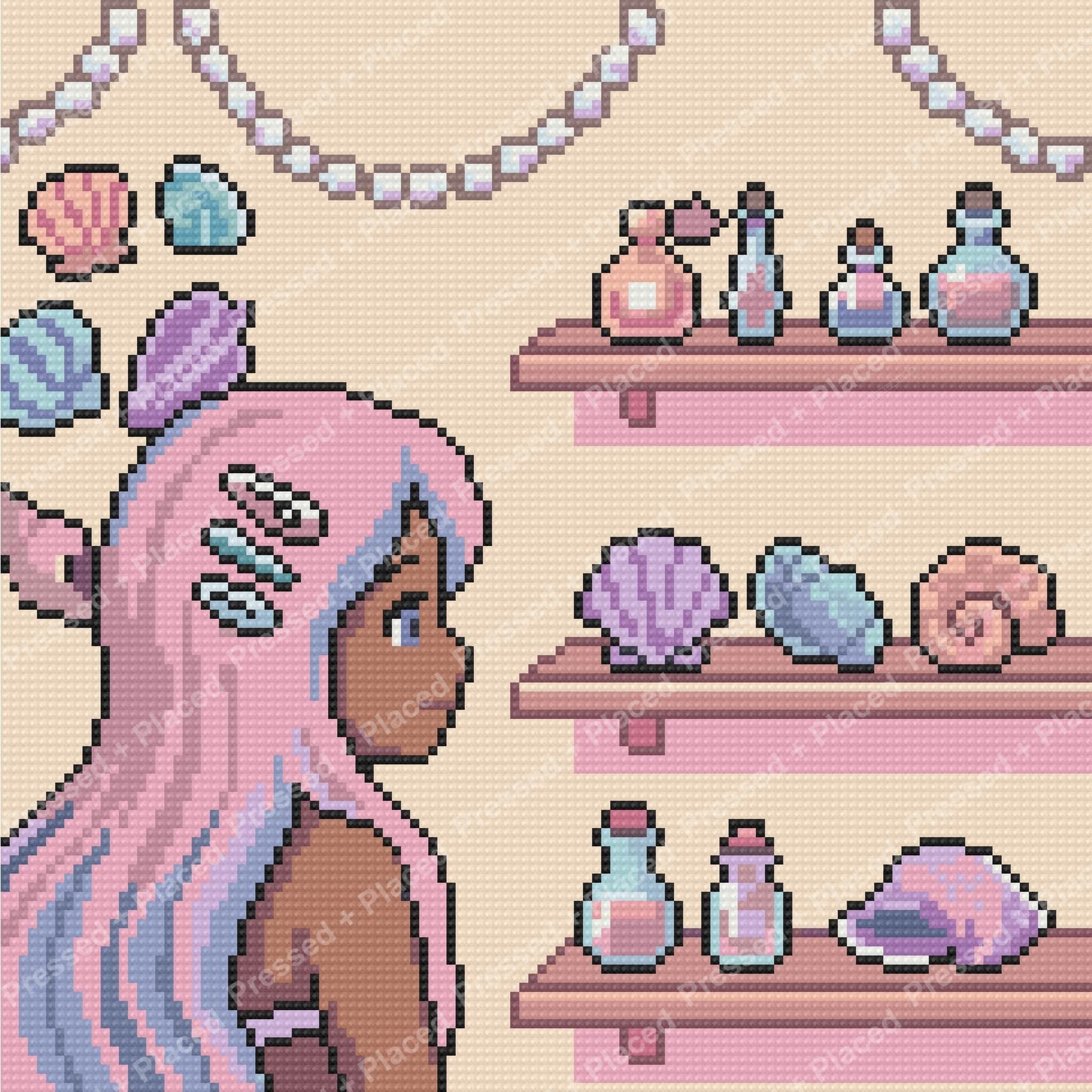 Pastel mermaid girl with seashells and bottles in a whimsical fantasy style
