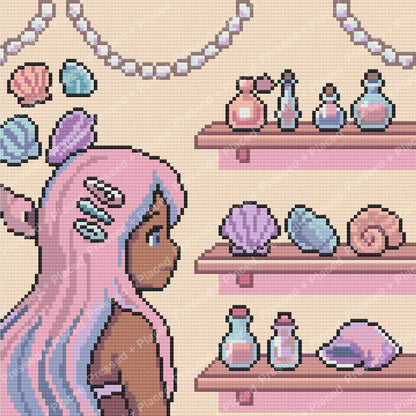Pastel mermaid girl with seashells and bottles in a whimsical fantasy style