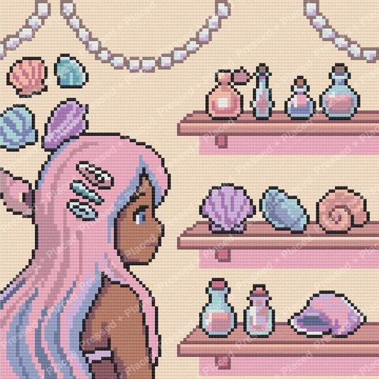 Pastel mermaid girl with seashells and bottles in a whimsical fantasy style