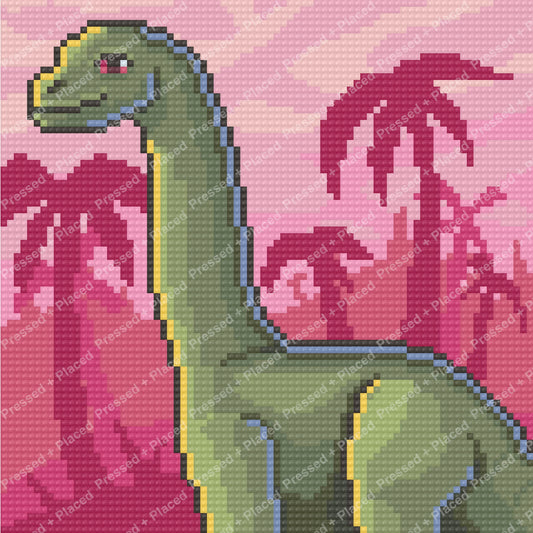 Green cartoon dinosaur with pink flowers on a soft pink background diamond art style
