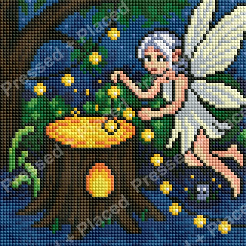 Fantasy fairy in white dress beside glowing moon and starry night garden