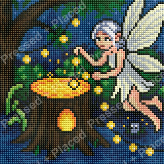 Fantasy fairy in white dress beside glowing moon and starry night garden