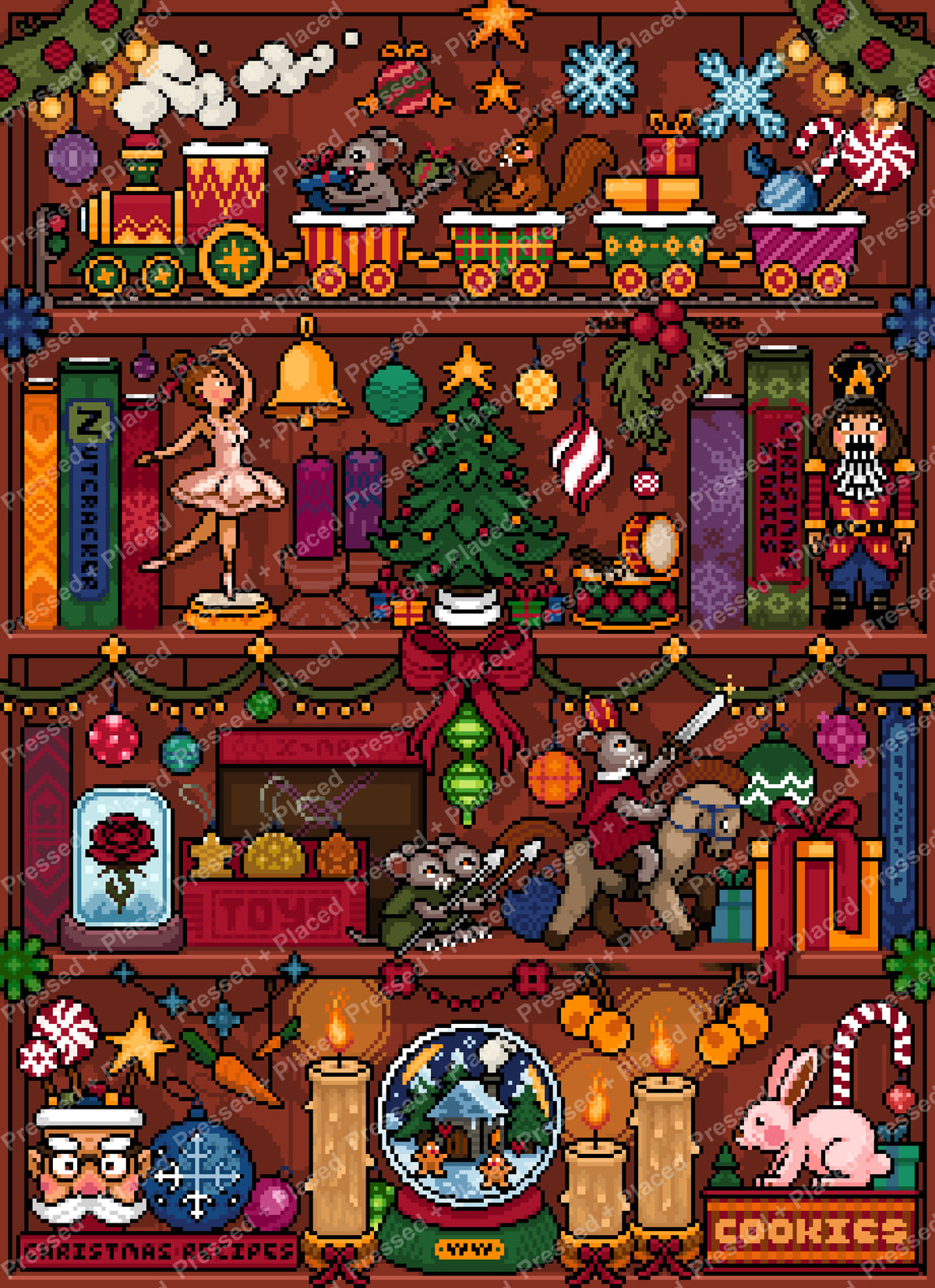 Christmas pixel art shelf scene with ornaments, toys, candles, and festive holiday decorations