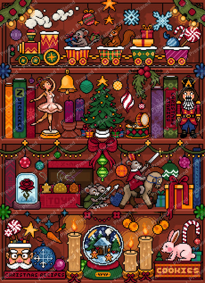 Christmas pixel art shelf scene with ornaments, toys, candles, and festive holiday decorations
