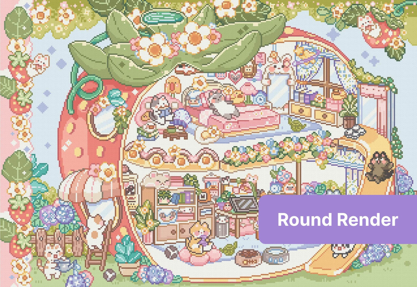 Pastel strawberry cat house with adorable animals, flowers, and cozy fantasy room details