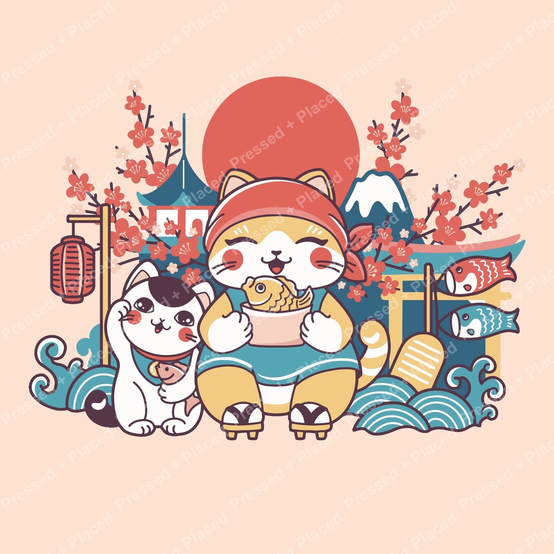 Cute Japanese-style cat scene with cherry blossoms, lanterns, koi fish, and waves