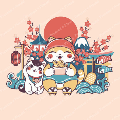 Cute Japanese-style cat scene with cherry blossoms, lanterns, koi fish, and waves