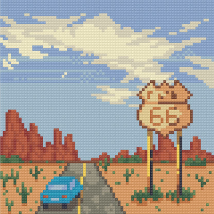 Four retro pixel-style diamond painting scenes with vintage decor, road trip, and cozy nostalgic themes