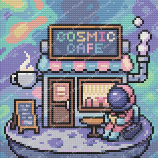 Pixel-style cosmic cafe scene with pastel space colors and a retro futuristic design