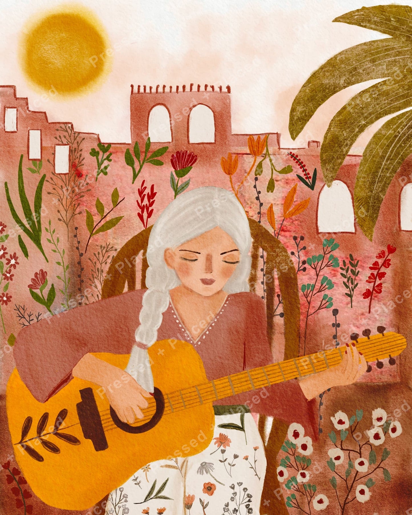 Boho girl playing guitar among flowers with warm terracotta buildings and sunlit earthy tones