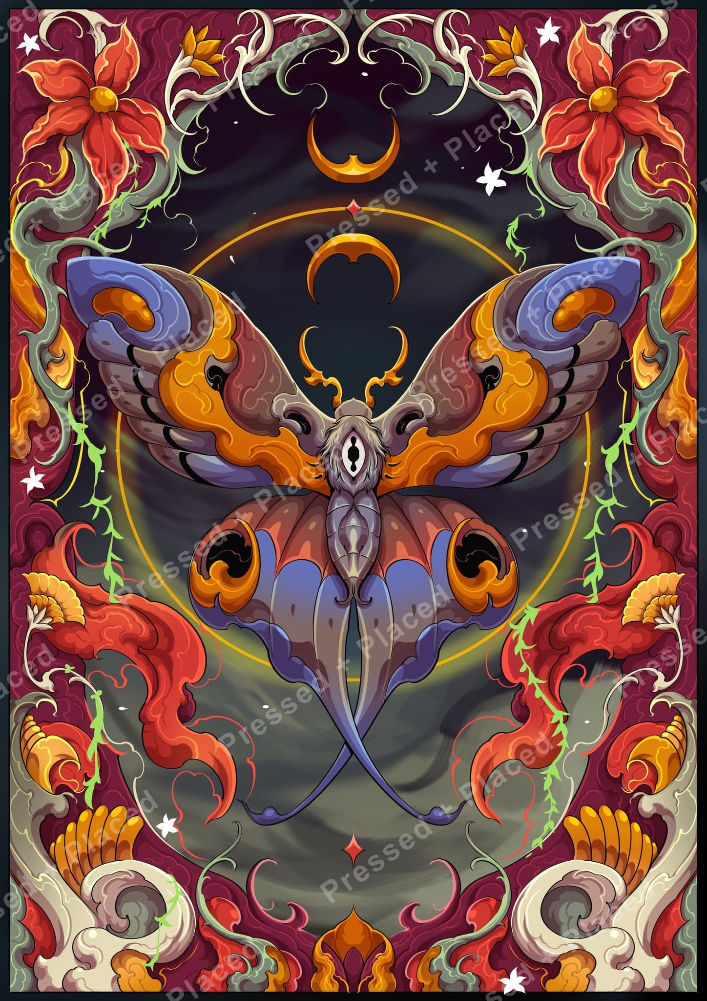 Colorful luna moth with floral gothic ornamentation and celestial accents