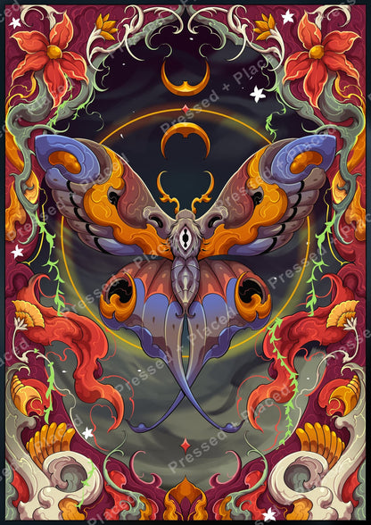 Colorful luna moth with floral gothic ornamentation and celestial accents