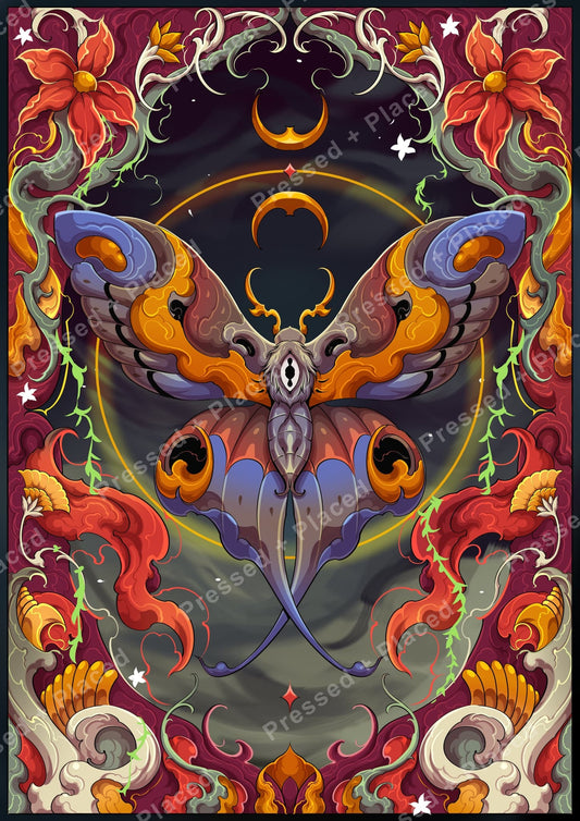 Colorful luna moth with floral gothic ornamentation and celestial accents