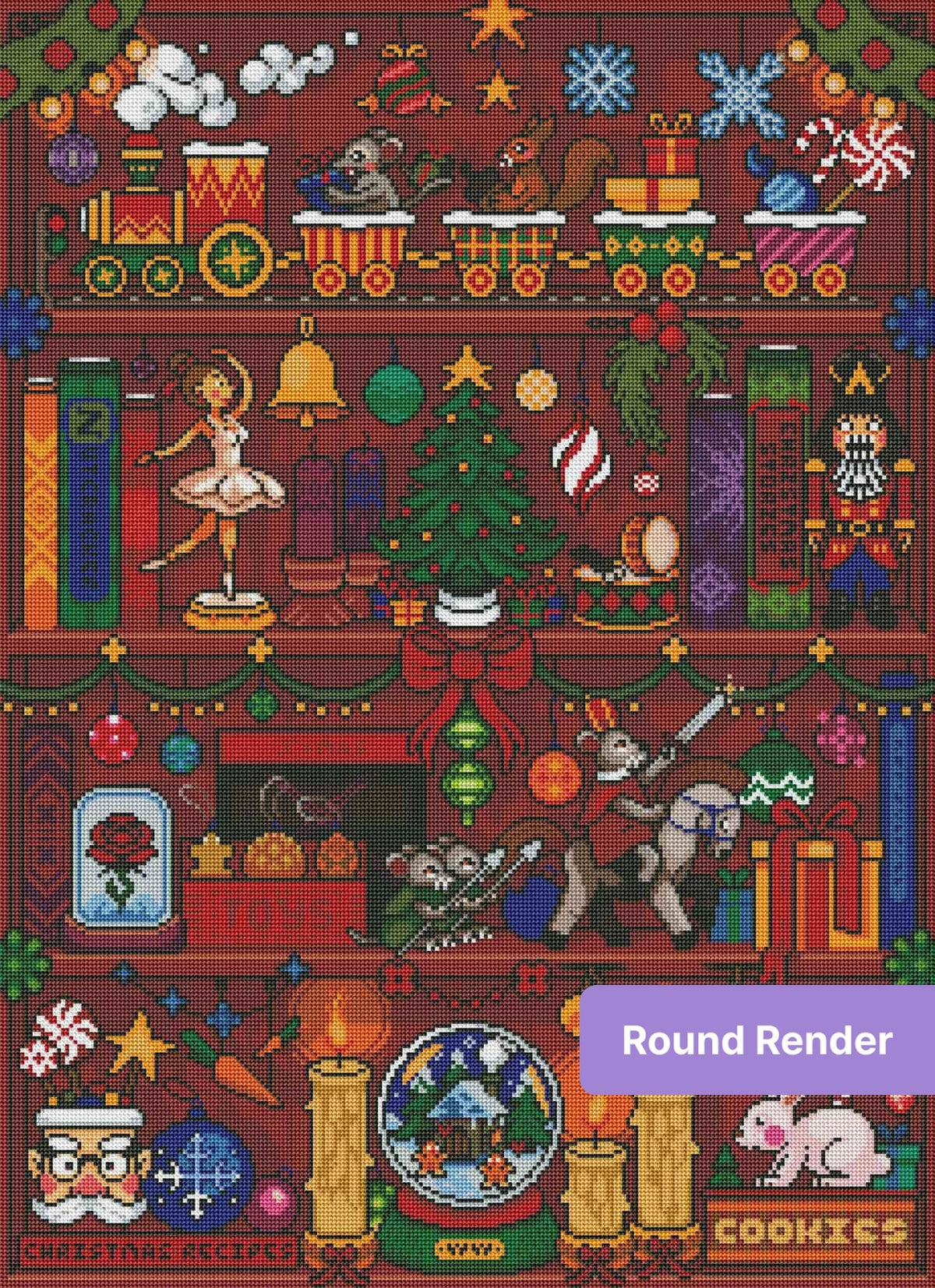 Christmas pixel art shelf scene with ornaments, toys, candles, and festive holiday decorations