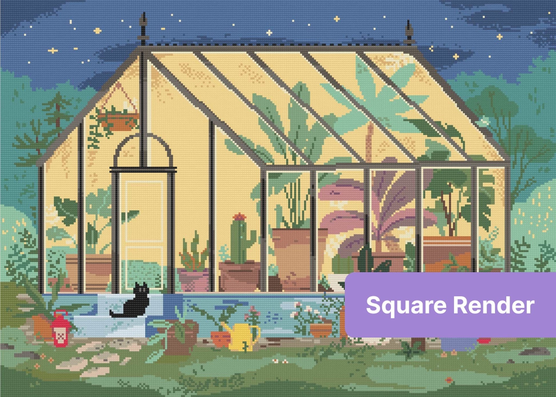 Illustrated greenhouse garden with potted plants, a black cat, and a warm nighttime glow