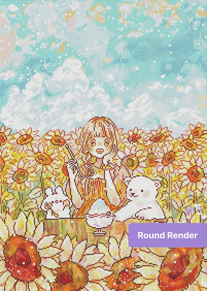 Whimsical girl in a sunflower field with bears, pastel sky, and storybook style
