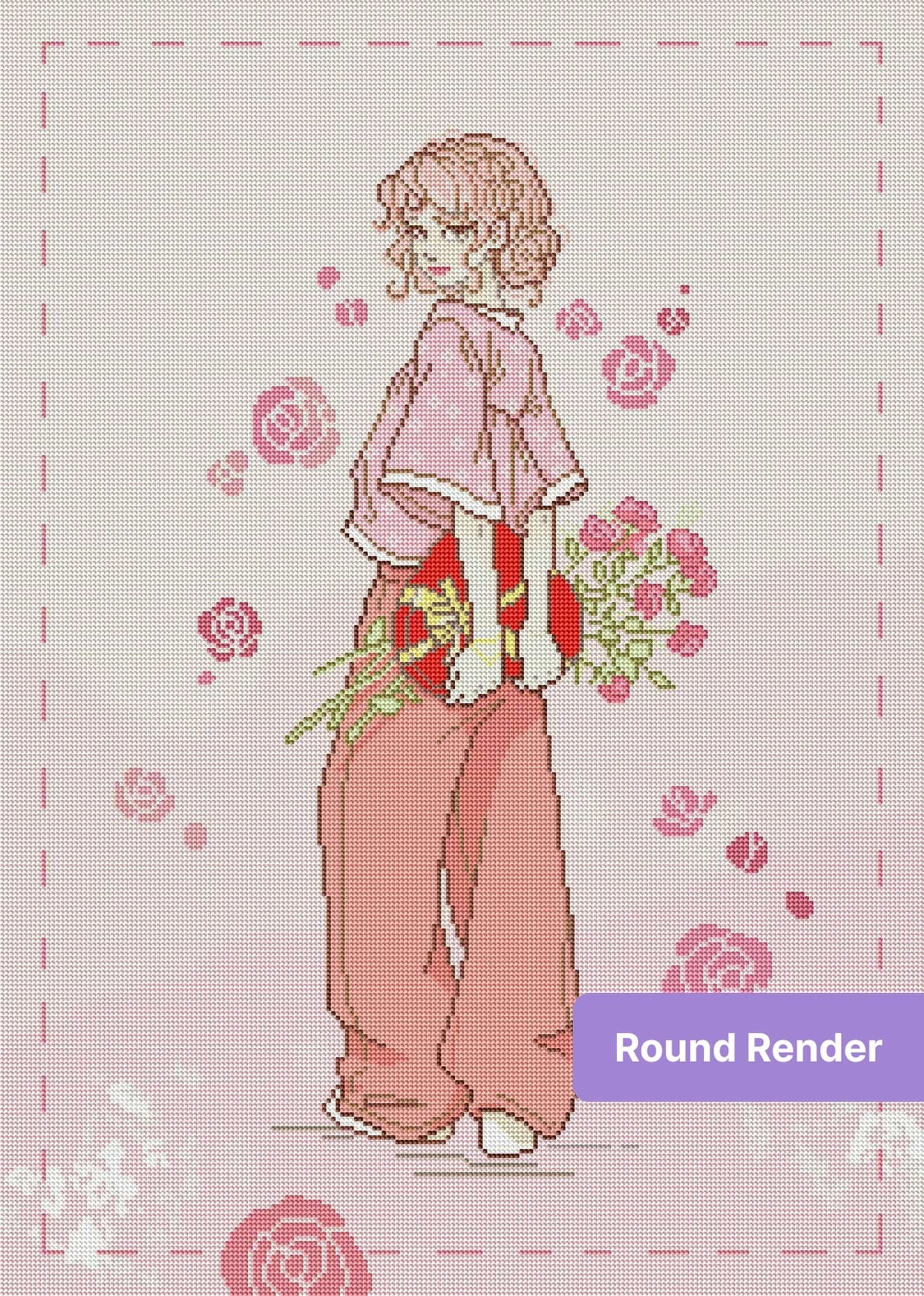 Anime-style pink-haired girl holding flowers with soft rose accents and pastel tones