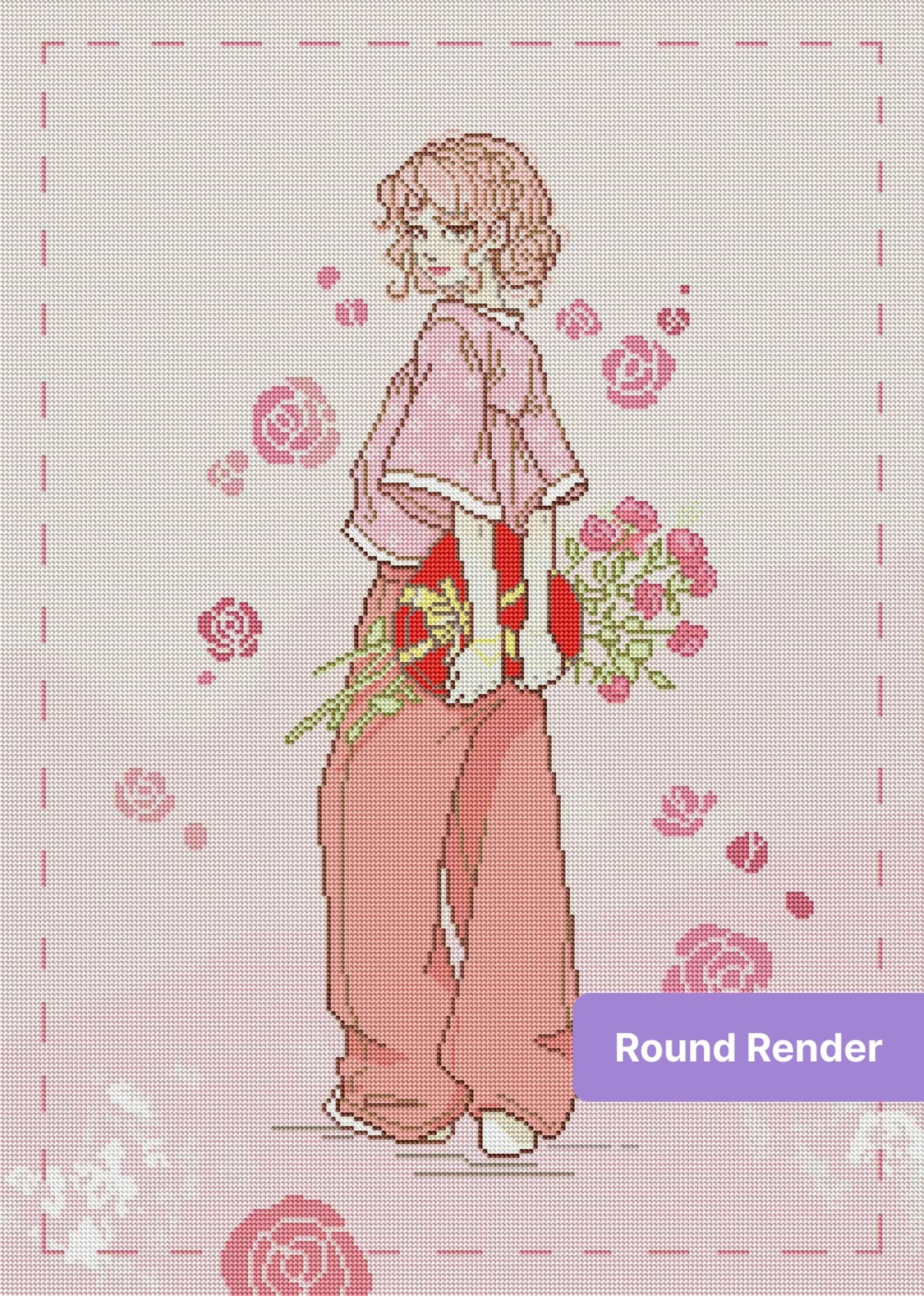 Anime-style pink-haired girl holding flowers with soft rose accents and pastel tones