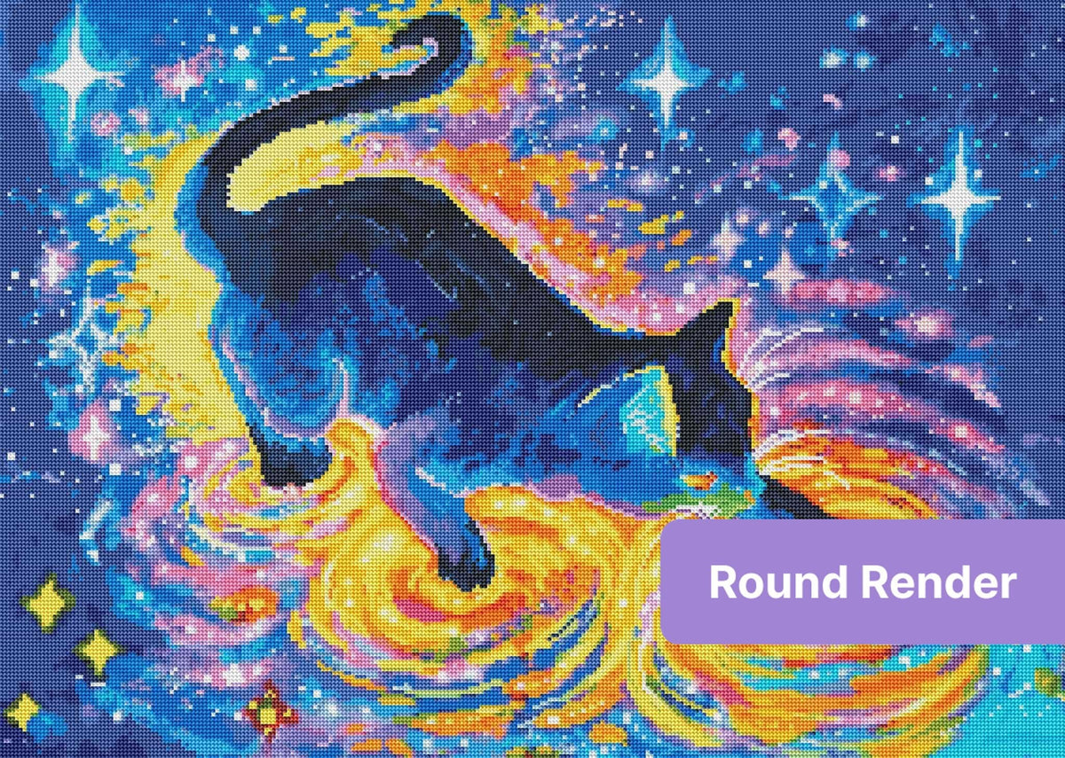 Black cat diamond painting kit with vivid galaxy colors, stars, and swirling neon nebula effects