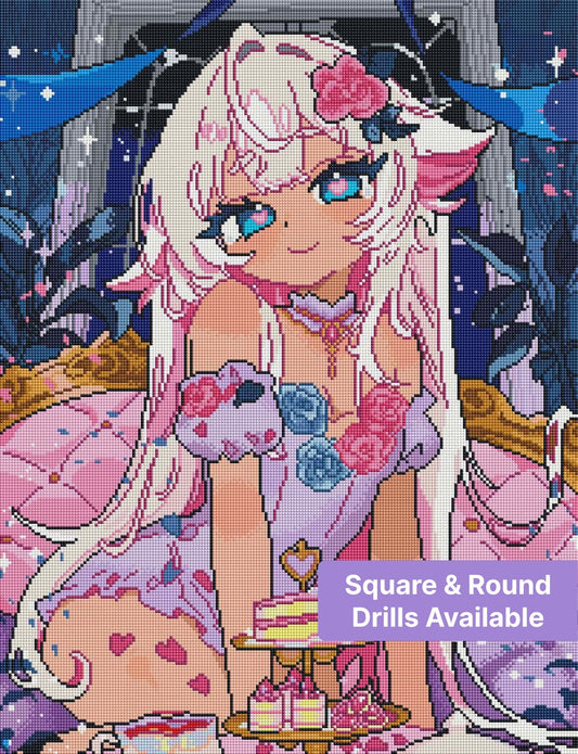 Anime-style fairy girl with white hair, pink flowers, and pastel fantasy details