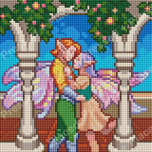 Red-haired mermaid seated between white trees in a colorful fantasy diamond art style
