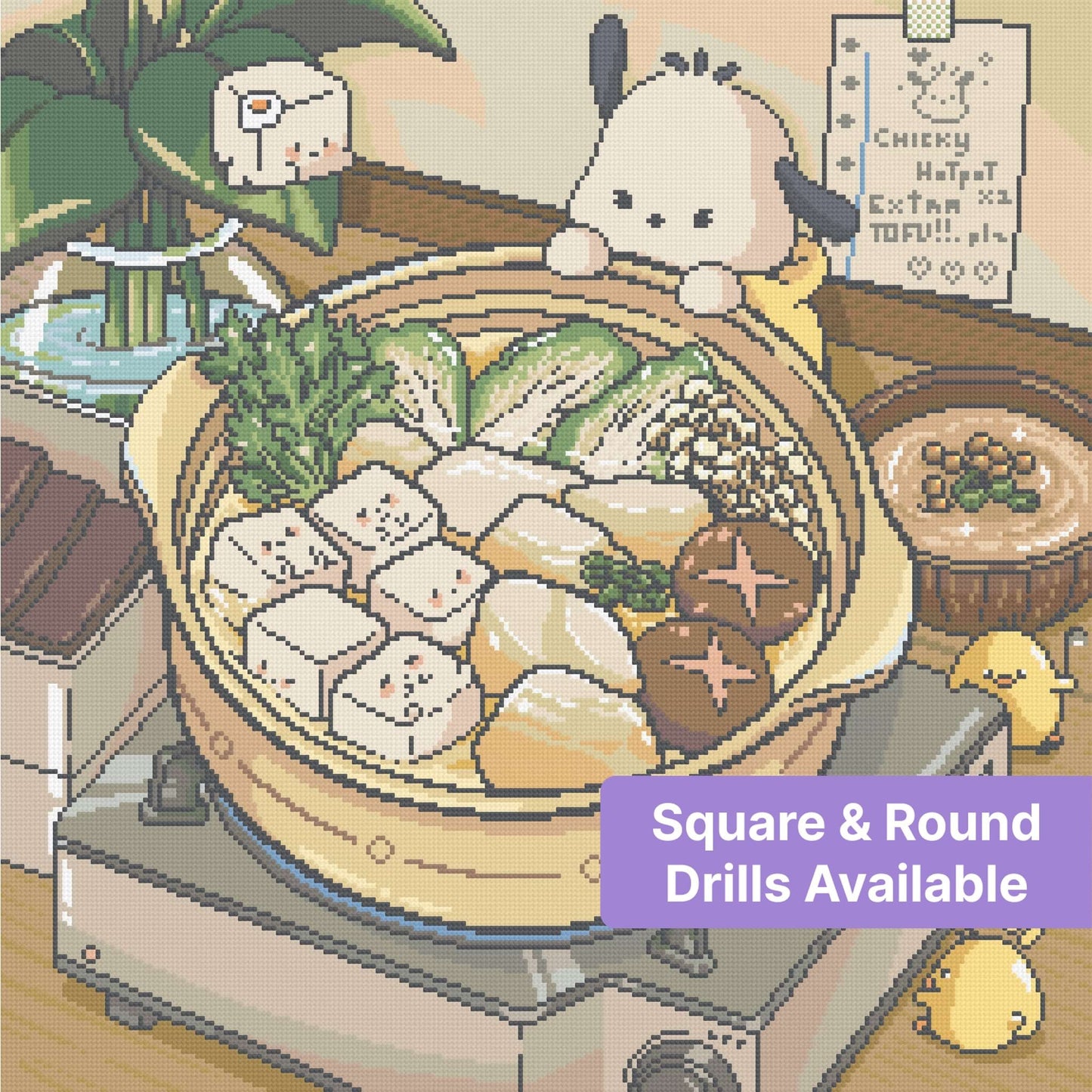 Cute kawaii hot pot scene with tofu, vegetables, and smiling cartoon characters