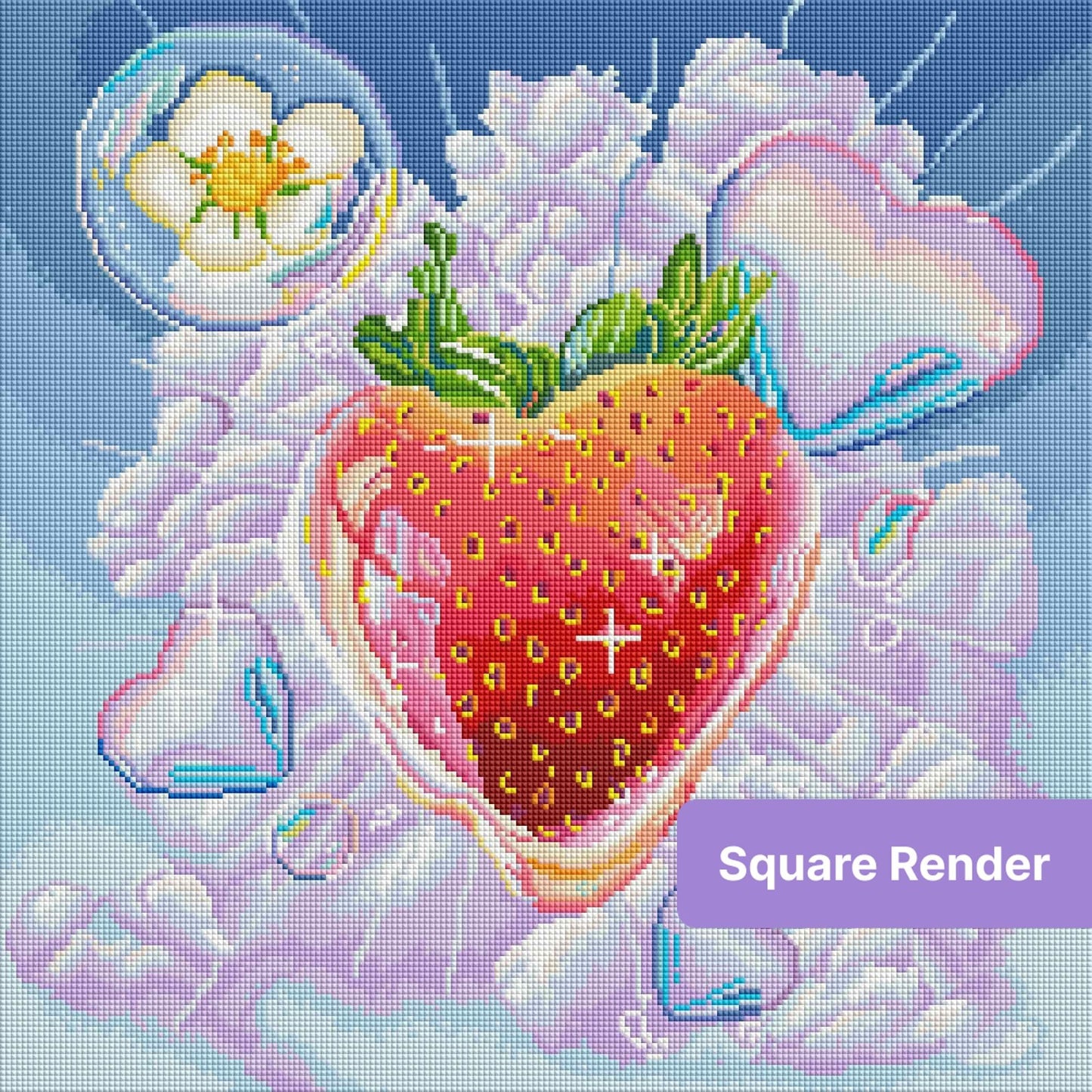 Pastel strawberry floating in clouds with iridescent hearts and dreamy fantasy style