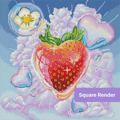 Pastel strawberry floating in clouds with iridescent hearts and dreamy fantasy style