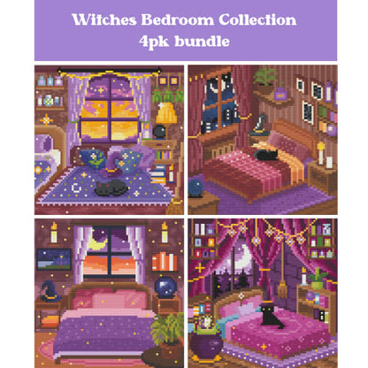 Four witchy bedroom diamond art scenes in purple and cozy fantasy tones