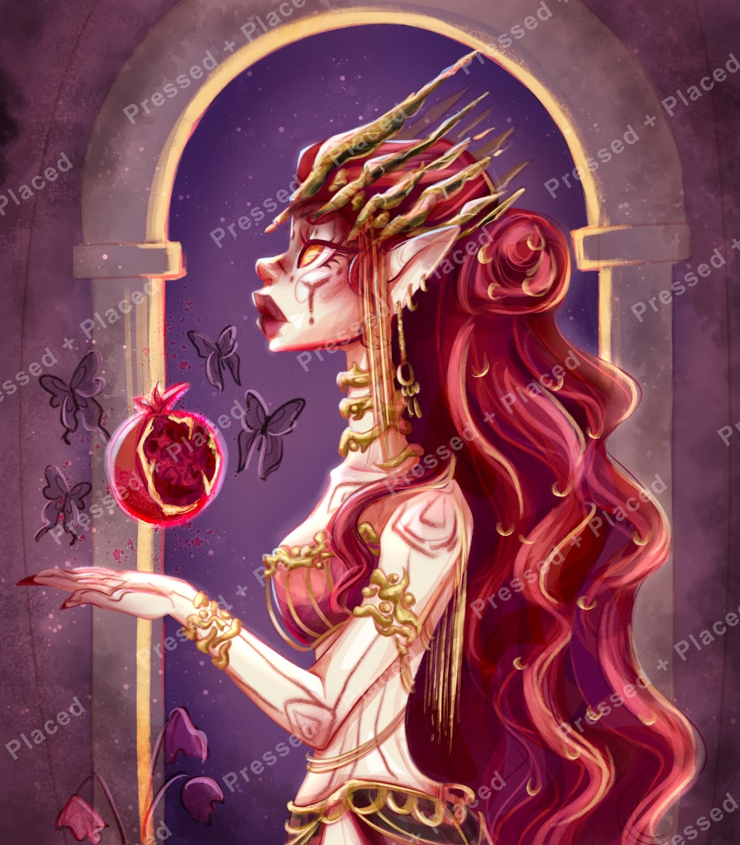 Fantasy elf with crimson hair and gold crown in a mystical purple portrait