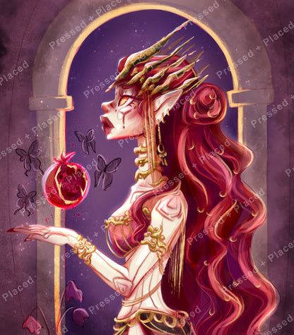 Fantasy elf with crimson hair and gold crown in a mystical purple portrait