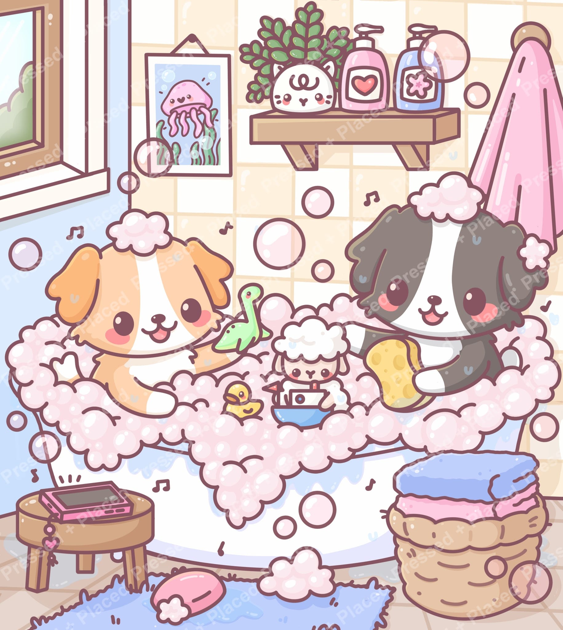 Cute pastel puppy bath scene with bubbles, soap, and cozy kawaii decor