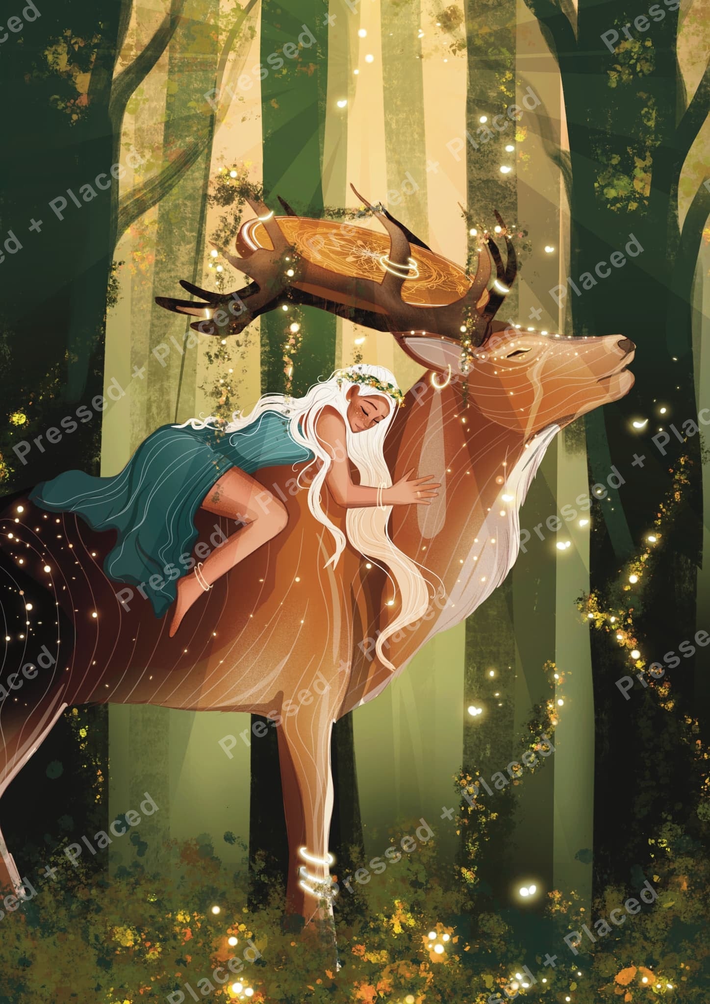 Fantasy girl embracing a deer in a glowing woodland scene