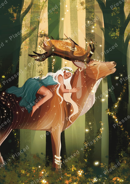 Fantasy girl embracing a deer in a glowing woodland scene