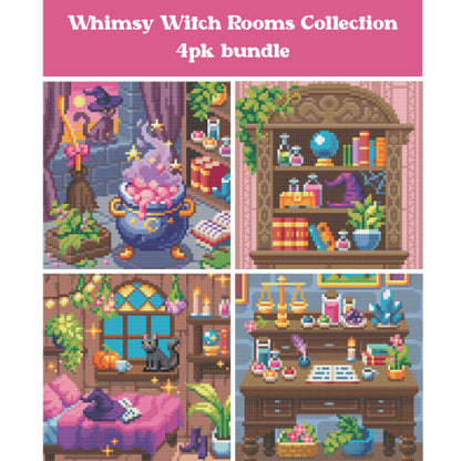 Whimsical witch room diamond art scenes with potion bottles, books, candles, and cozy fantasy decor