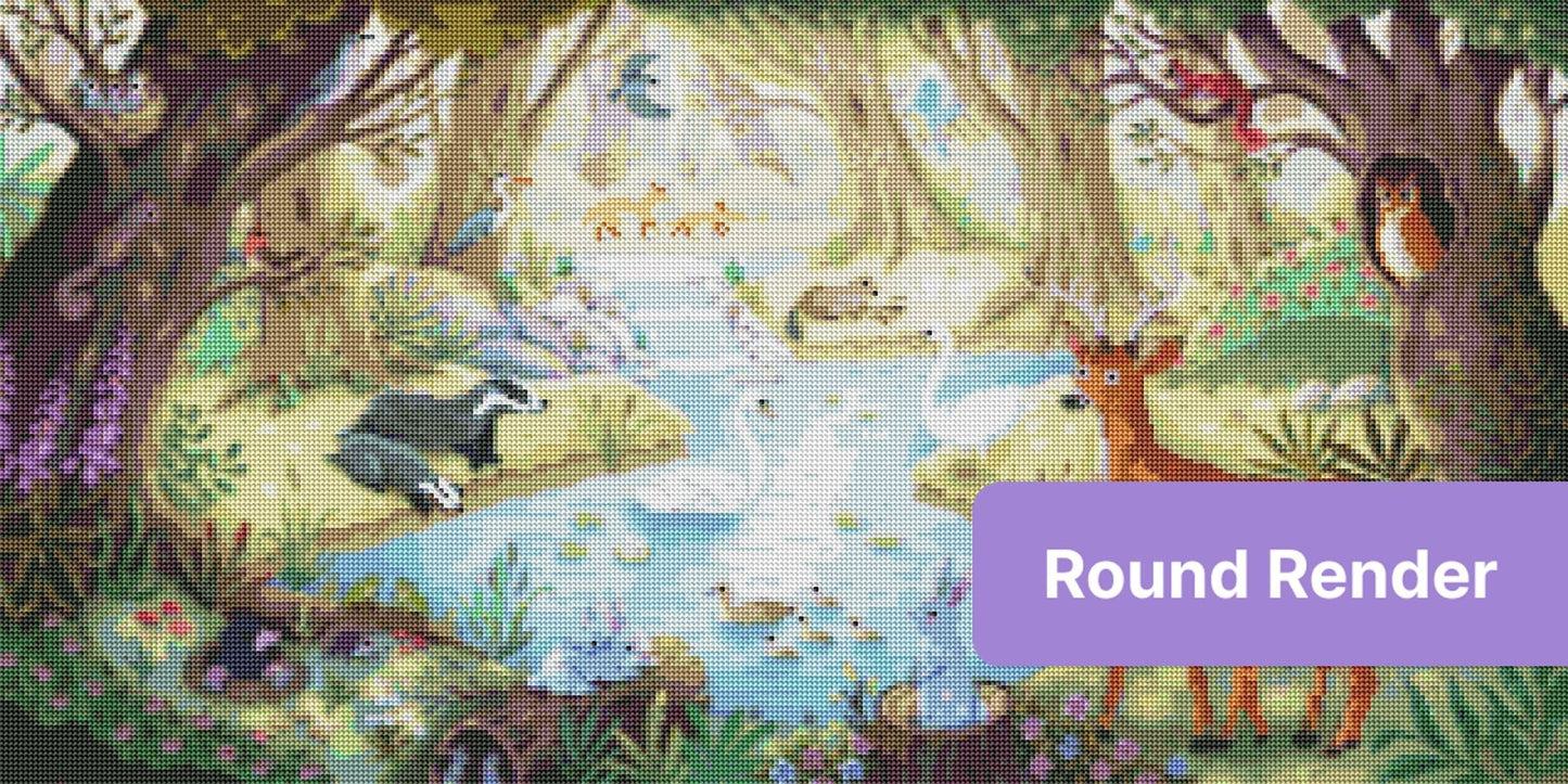 Whimsical woodland pond with deer, swans, owls, and forest animals in soft watercolor style