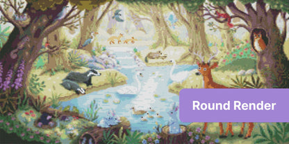Whimsical woodland pond with deer, swans, owls, and forest animals in soft watercolor style