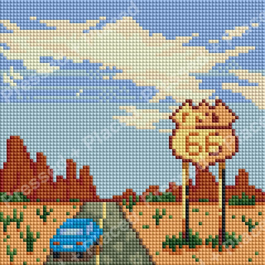 Pixel-style desert road scene with cactus, SUV, and sunset landscape